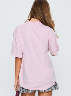 back view of model wearing Princess Polly Led Zeppelin Oversized Vintage Graphic Top Pink Half Sleeves Crew Neck 