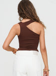 back view of model wearing Princess Polly Adami Top Brown Sleeveless Asymmetric Neckline 