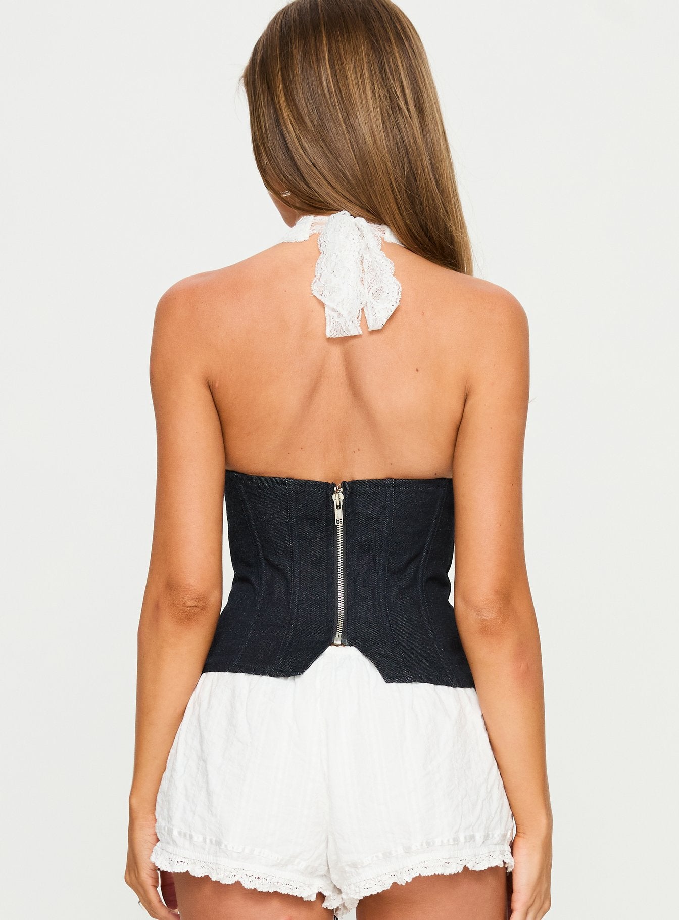 Dreamfields Lace Up Corset Top Dark Denim / White