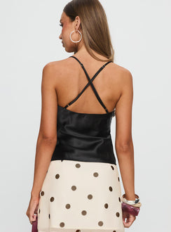 Sizzling Tie Detail Satin Top Black