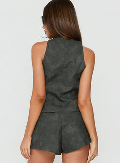 Ashtonn Sleeveless Faux Leather Military Top Black