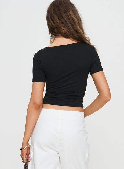 back view of model wearing Princess Polly Peyson Top Black Short Sleeves Scoop Neck 
