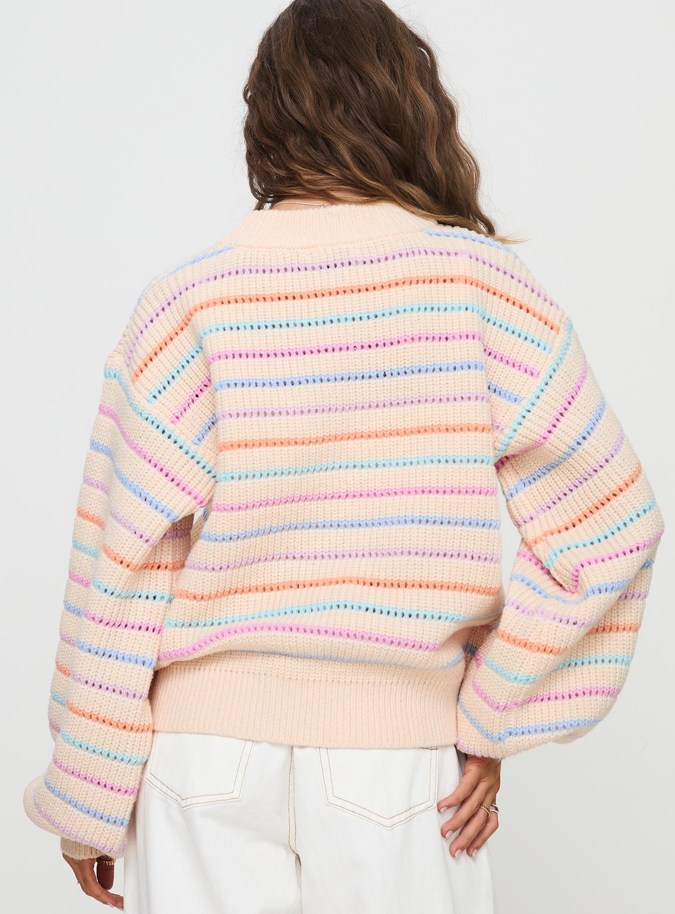 back view of model wearing Princess Polly Harmony Balloon Sleeve Knit Sweater Multi 