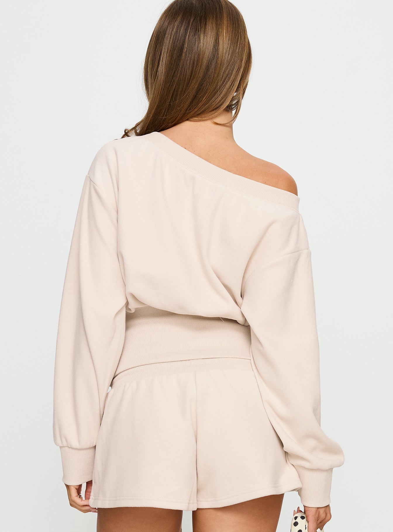 back view of model wearing Princess Polly Cassey Off Shoulder Slouchy Jumper Cream cropped 