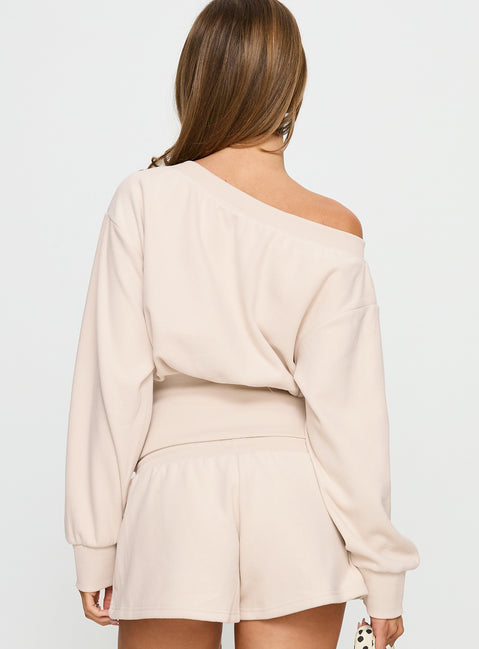 back view of model wearing Princess Polly Cassey Off Shoulder Slouchy Jumper Cream cropped 
