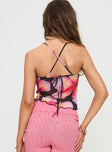 back view of model wearing Princess Polly Palladino Halter Top Pink / Black Sleeveless Sweetheart 