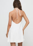 back view of model wearing Princess Polly Thomasina Linen Halter Dress White Plunger 