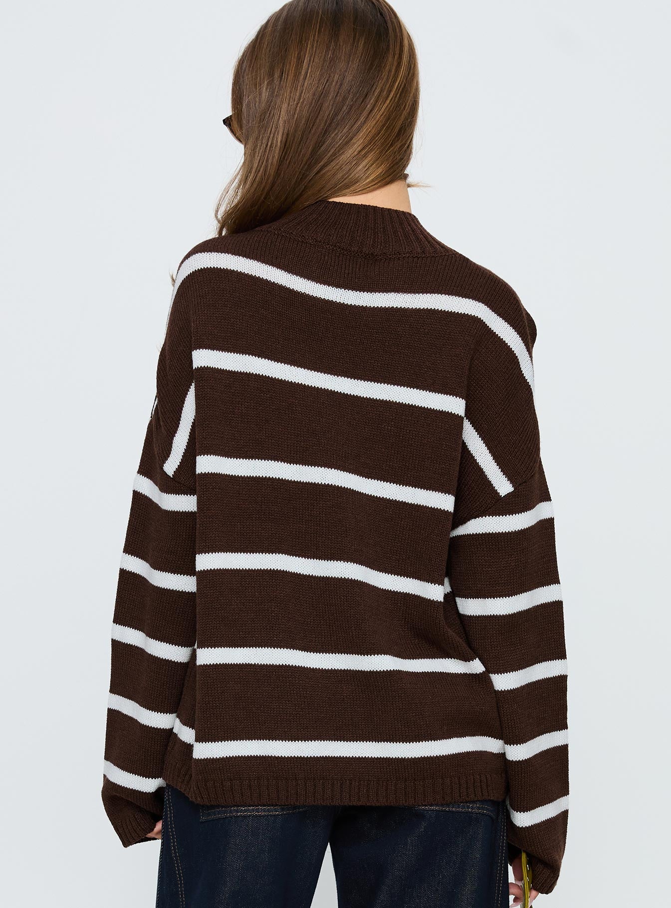 back view of model wearing Princess Polly Alara Mock Neck Knit Sweater Brown Stripe 