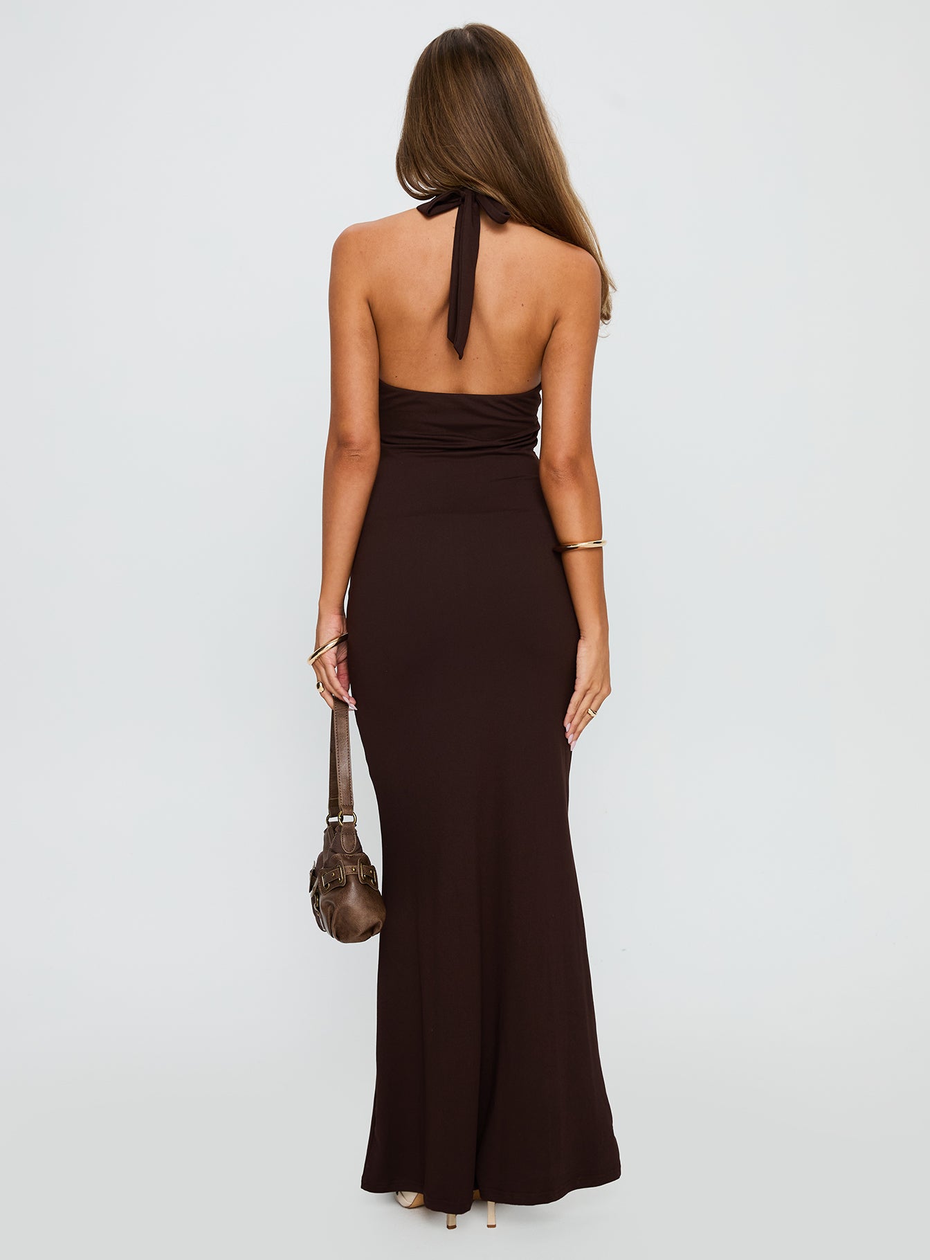 back view of model wearing Princess Polly No Hard Feelings Twist Maxi Dress Brown Plunger 