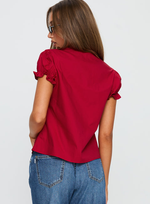 back view of model wearing Princess Polly Starstruck Tie Up Top Red Short Sleeves V-Neck 