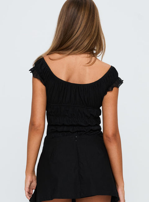 back view of model wearing Princess Polly Ahead Of Myself Off Shoulder Bodysuit Black Short Sleeves 