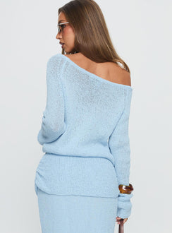 back view of model wearing Princess Polly Ravira Wide Neck Knit Sweater Blue cropped 