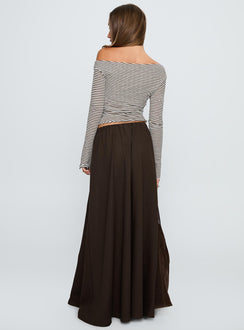 back view of model wearing Princess Polly Hallee Maxi Skirt Brown Maxi 