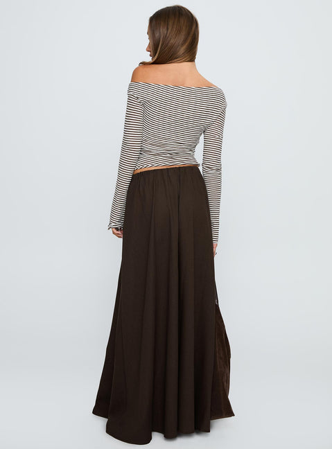 back view of model wearing Princess Polly Hallee Maxi Skirt Brown Maxi 