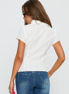 back view of model wearing Princess Polly Cottesloe Blouse Top Textured White Short Sleeves V-Neck 