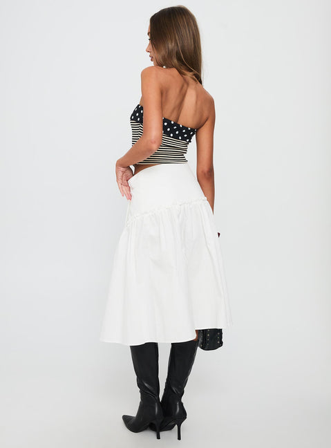 back view of model wearing Princess Polly Jonsie Tiered Frill Midi Skirt White Midi Skirts 