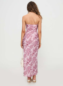 back view of model wearing Princess Polly Abeila Strapless Maxi Dress Pink Sweetheart Neckline 