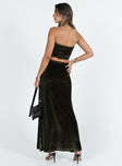 Matching set Velour material Strapless crop top Elasticated band at bust Maxi skirt Good stretch Unlined 