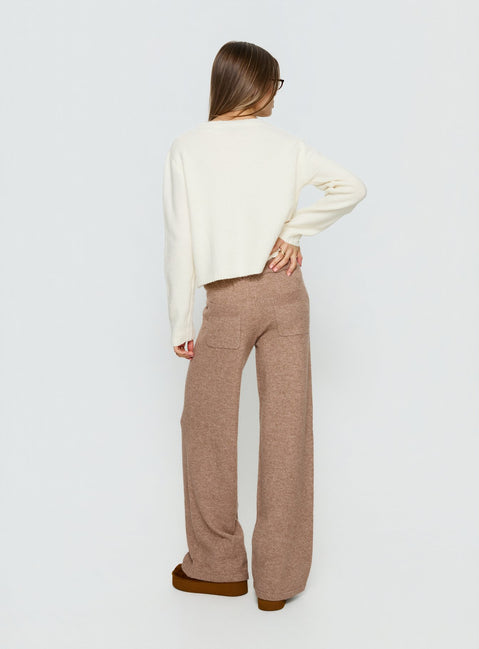 back view of model wearing Princess Polly Bekki Wide Leg Knit Pant Mocha High Rise Pants 