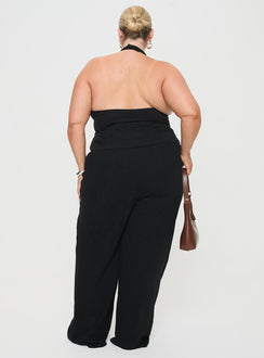 back view of model wearing Princess Polly Clouded Linen Blend Vest Top Black Curve Sleeveless Plunger 