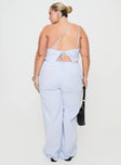 back view of model wearing Princess Polly Collied Low Rise Pants Blue / White Stripe Curve High Waisted Pants 