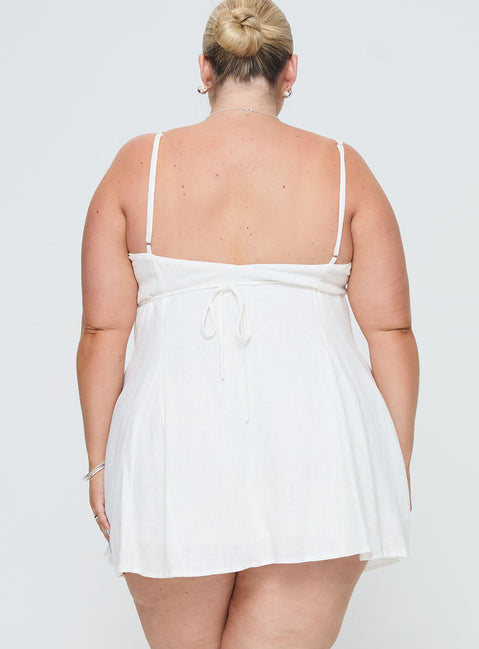 back view of model wearing Princess Polly Elian Linen Blend Mini Dress White Curve Square Neck 