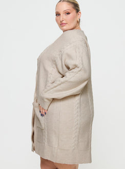 side view of model wearing Princess Polly Cardi Long Sleeve Mini Dress Cream Curve V-Neck 