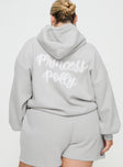 back view of model wearing Princess Polly Princess Polly Hooded Sweatshirt Puff Text Grey Curve 