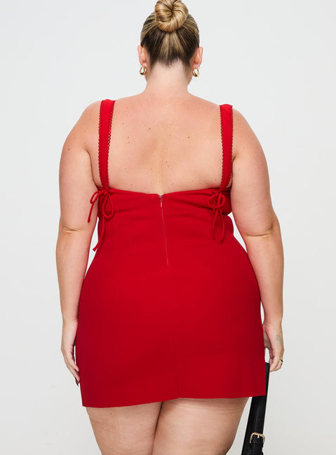 back view of model wearing Princess Polly Lovers Quarrel Mini Dress Red Curve Sweetheart Neckline 