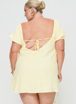 back view of model wearing Princess Polly Beyond Linen Blend Mini Dress Yellow Curve Square Neck 