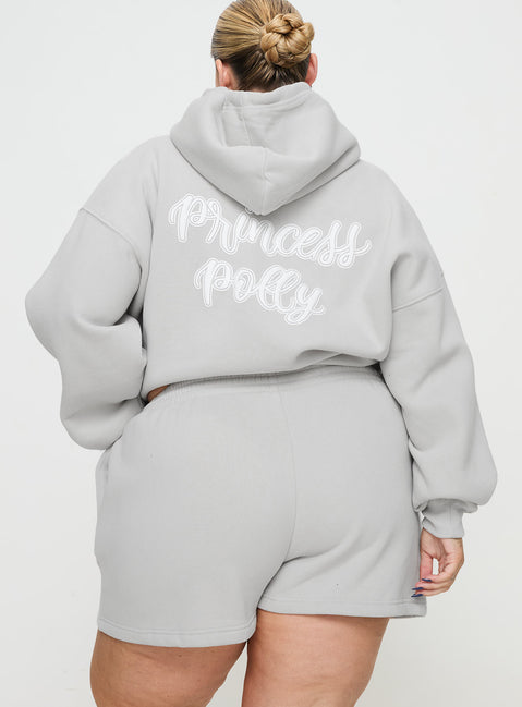 back view of model wearing Princess Polly Princess Polly Track Shorts Puff Text Grey Curve 