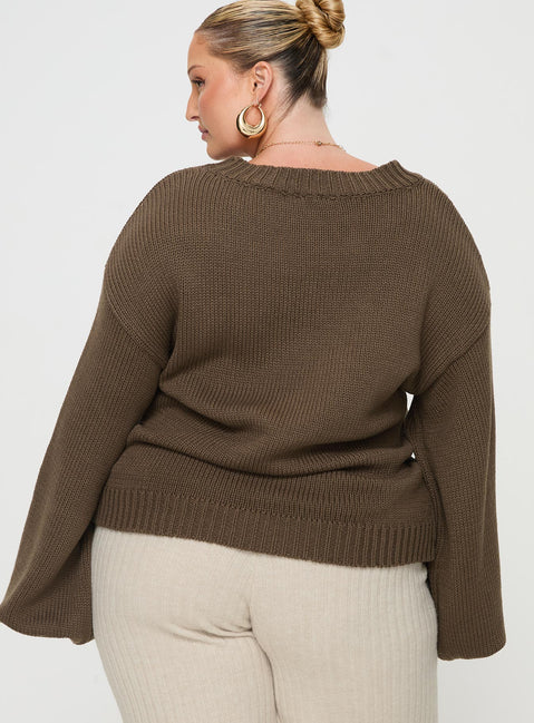 back view of model wearing Princess Polly Harmony Knit Sweater Dark Brown Curve 