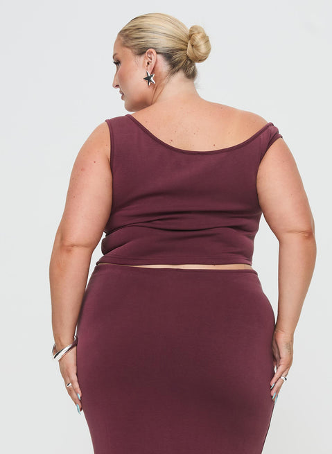 back view of model wearing Princess Polly Rios One Shoulder Top Mauve Curve Sleeveless Asymmetric Neckline 