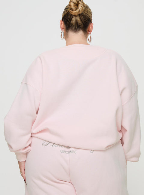 back view of model wearing Princess Polly Princess Polly Crew Neck Sweatshirt Script Baby Pink / Grey Curve 