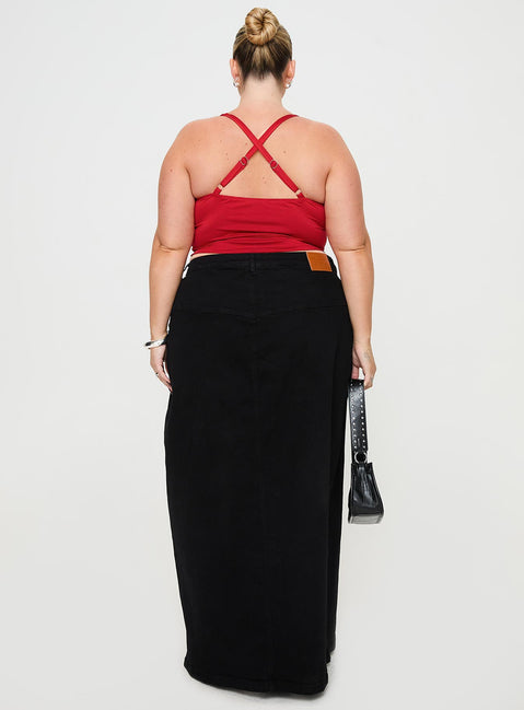 back view of model wearing Princess Polly Batkins Maxi Skirt Black Curve Maxi 