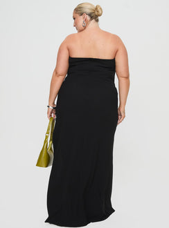 back view of model wearing Princess Polly Ferri Strapless Maxi Dress Black Curve Straight Neck 