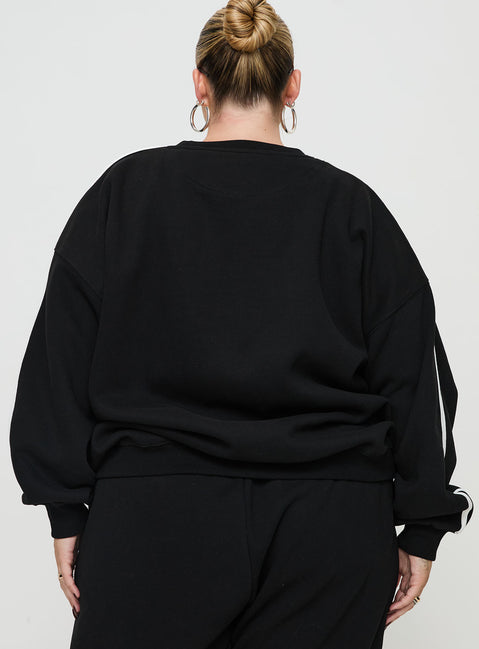 back view of model wearing Princess Polly Princess Polly Crew Neck Sweatshirt Stripe Black / White Curve 