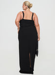 Black maxi dress adjustable straps, sweetheart neckline, mesh material, ruching detail, split hem