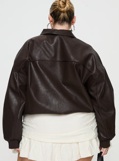 Brown Bomber jacket Oversized fit, faux leather material, classic collar, zip front fastening, ribbed waistband and cuffs, twin hip pockets