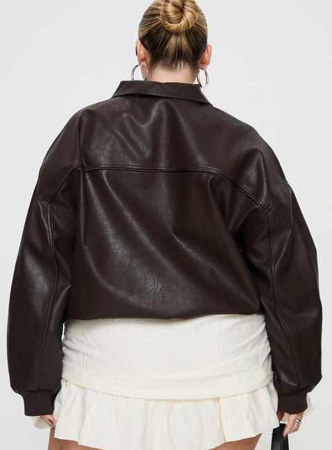 Brown Bomber jacket Oversized fit, faux leather material, classic collar, zip front fastening, ribbed waistband and cuffs, twin hip pockets