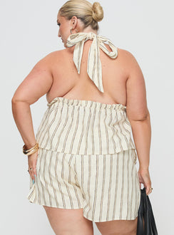 Princess Polly Curve  Striped linen set Halter neck top, tie fastening, elasticated band under bust, v-neckline High-rise shorts, elasticated waistband, twin hip pocket Non-stretch material, partially lined  Princess Polly Lower Impact