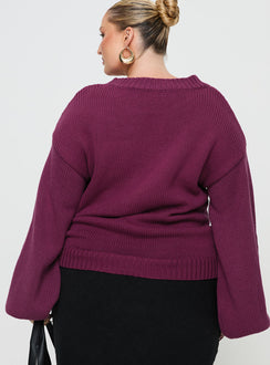 back view of model wearing Princess Polly Harmony Knit Sweater Burgundy Curve regular 