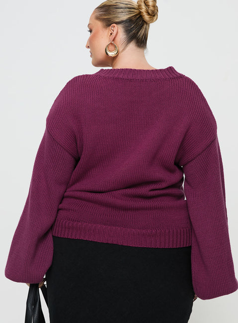 back view of model wearing Princess Polly Harmony Knit Sweater Burgundy Curve regular 