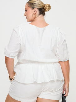back view of model wearing Princess Polly Puff Puff Peplum Top White Curve Half Sleeves Crew Neck 