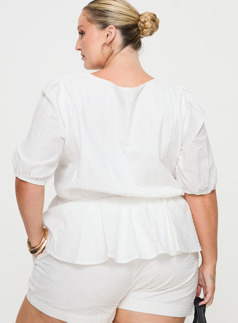 back view of model wearing Princess Polly Puff Puff Peplum Top White Curve Half Sleeves Crew Neck 