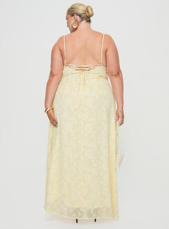 back view of model wearing Princess Polly South Of France Maxi Dress Yellow Curve Square Neck 