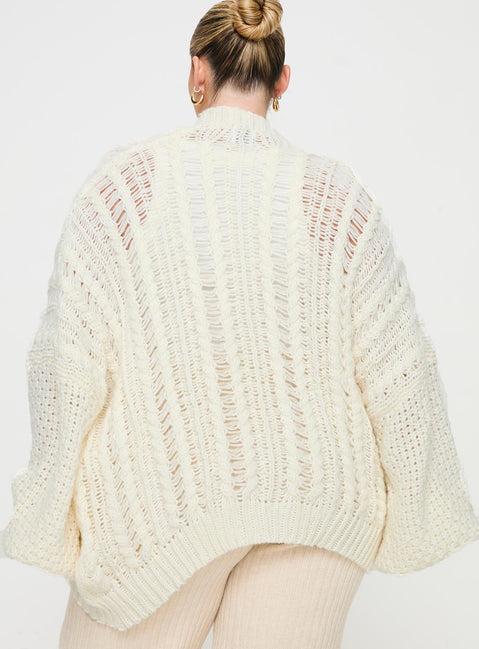 back view of model wearing Princess Polly Abner Cable Cardigan Cream Curve 