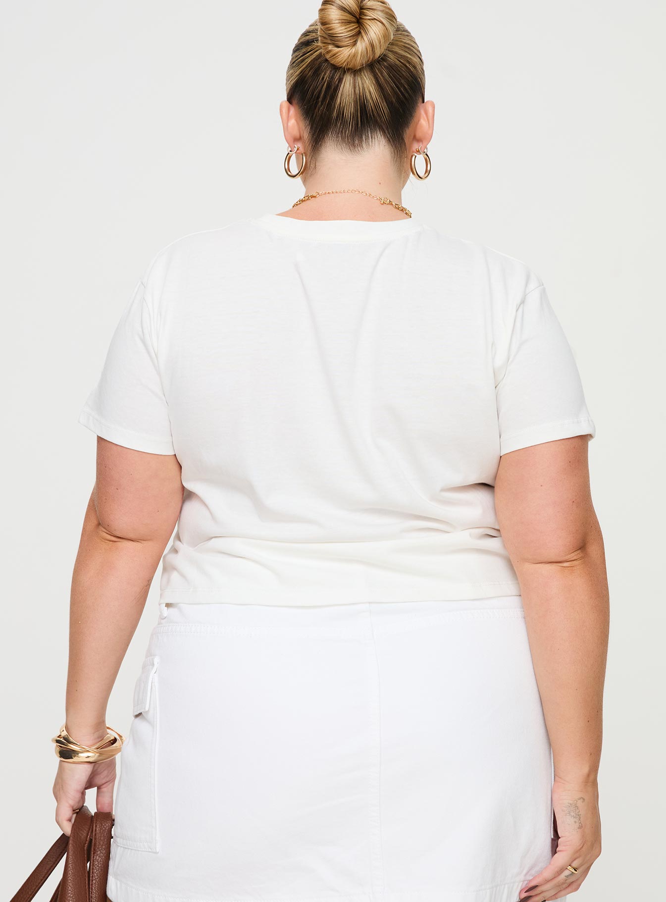 back view of model wearing Princess Polly Arri Top White Curve Short Sleeves Crew Neck 