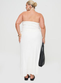 back view of model wearing Princess Polly Ermias Linen Blend Midi Skirt White Curve Maxi 