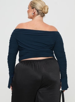 back view of model wearing Princess Polly Moreno Off The Shoulder Top Navy Curve Full Sleeves straight 